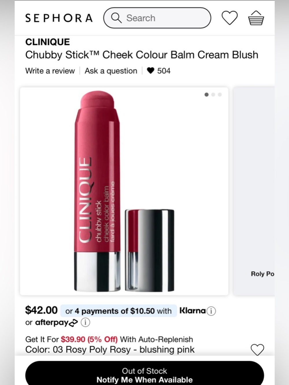 Clinique Chubby Stick™ Cheek Colour Balm Cream Blush - Roly Poly Rosy